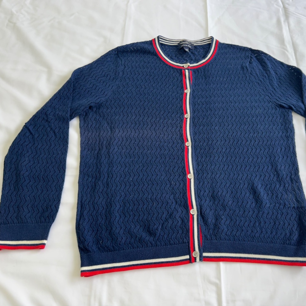 Lands End Navy Cardigan with Red and White Striping